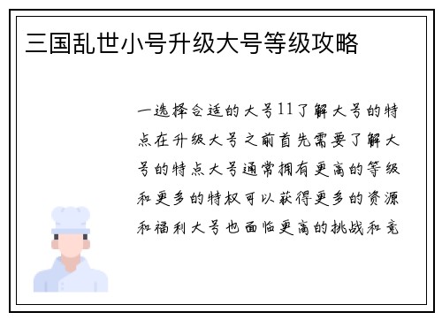 三国乱世小号升级大号等级攻略