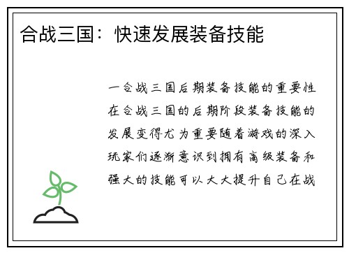 合战三国：快速发展装备技能